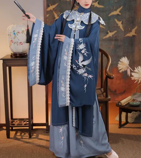 清梳原创云鹤辞明制汉服女对襟长衫刺绣云肩中...