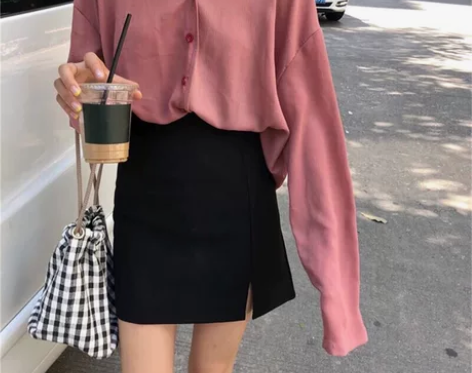 科幻 春夏韩版宽松高腰黑色开叉A字裙学生显...