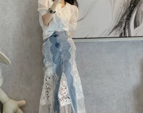 牛仔裙中长款半身裙蕾丝高级设计感小众高腰鱼...