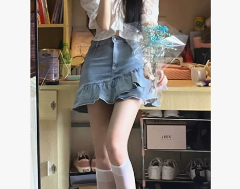 大码胖mm辣妹荷叶边牛仔半身裙女2022高...