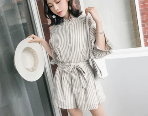 夏季新品帅气条纹系带收腰显瘦中袖连体裤短裤...