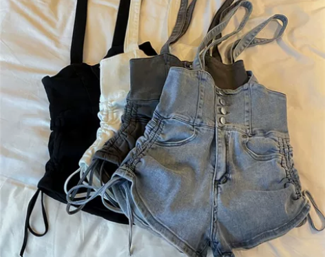 可拆卸两穿吊带牛仔短裤女夏季设计感高腰排扣...