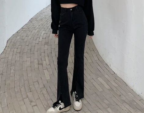 开叉牛仔裤女夏小个子高腰显瘦黑色直筒开衩裤...