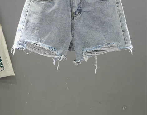 牛仔短裤 牛仔短裤阔腿裤三粒扣浅蓝色女高腰...