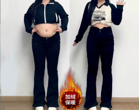 秋冬高腰弹力微喇牛仔裤女大码胖mm微胖穿搭...