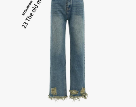 2022早春新款美式复古水洗毛边裤脚破洞流...