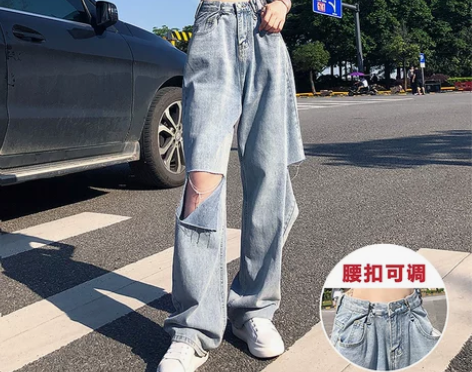 破洞牛仔裤女夏季2022年新款直筒宽松泫雅...