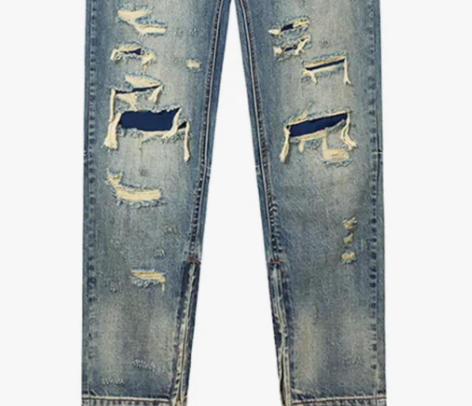 破洞牛仔裤 水洗破洞牛仔裤国潮重工拼接 高...