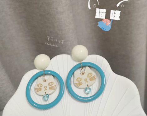 蓝白猫咪日系风耳环 手工自制 又奶又萌的猫...