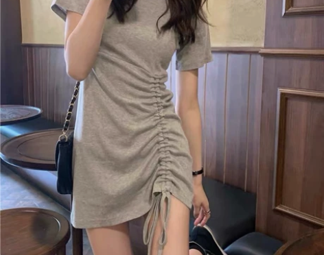 灰色紧身抽绳连衣裙修身气质包臀短裙休闲裙子...