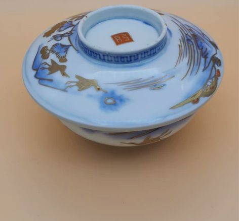 日本中古瓷,有田烧老肥钱盖碗,釉下青花,釉...