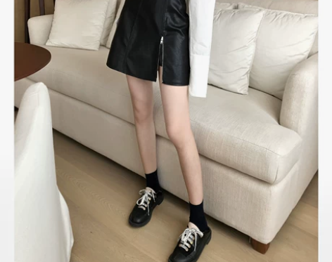 黑色拉链开叉小皮裙短裙女 a字裙包臀裙高腰...