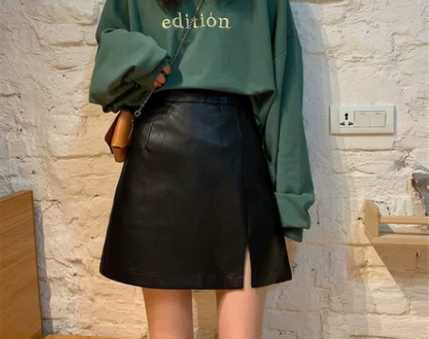 胖妹妹pu皮裙半身裙大码a字裙chic短裙...