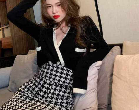 千鸟格半身裙女春秋季中长款一步裙2021新...
