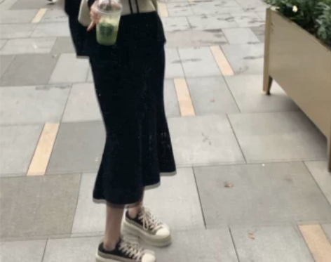 珍珍家高腰显瘦半身裙女黑色长款开叉鱼尾裙2...