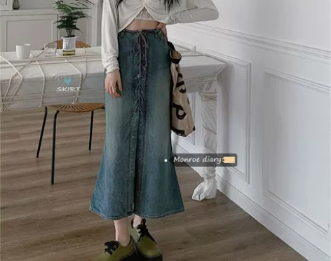 鱼尾裙复古牛仔半身裙女夏季高腰小个子辣妹包...