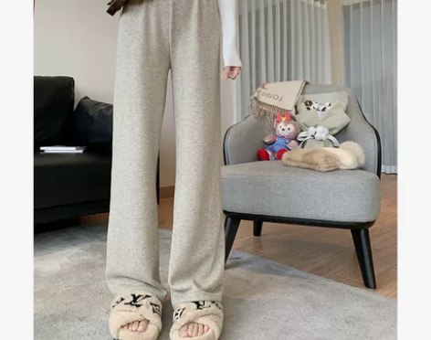楚楚直筒裤女宽松百搭小个子拖地羊绒坑条垂感...