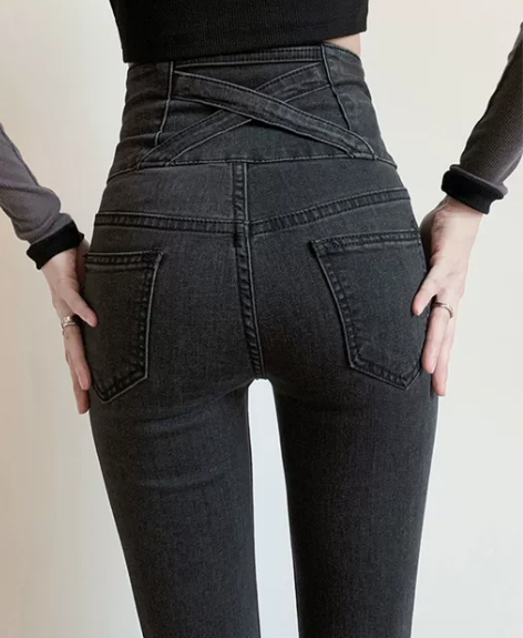 蜜桃臀加绒牛仔裤女冬季2022年新款烟灰色...