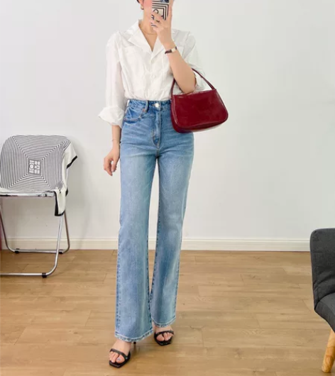 土耳其面料~法式微喇叭牛仔裤女高腰显瘦弹力...