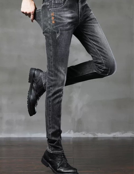 牛仔裤 裤子牛仔裤烟灰色男修身小脚秋冬弹力...