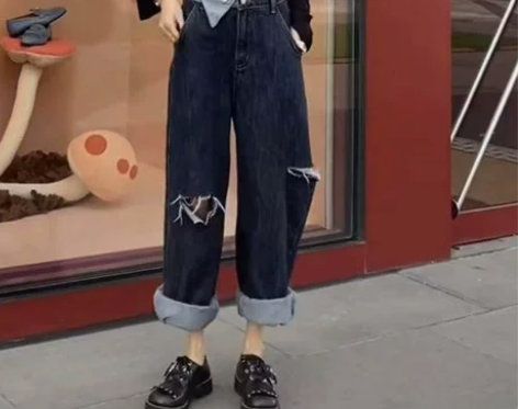 2021年新款设计感不对称破洞牛仔裤女直筒...