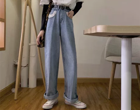 港味网红同款复古温柔风坠感阔腿裤高腰牛仔裤...