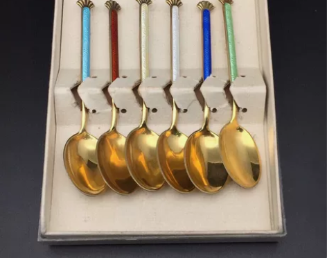 欧洲古董纯银鎏金珐琅咖啡勺一套 925、S...