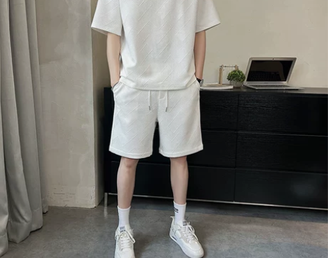 休闲运动套装男士夏季薄款华夫格短袖T恤宽松...