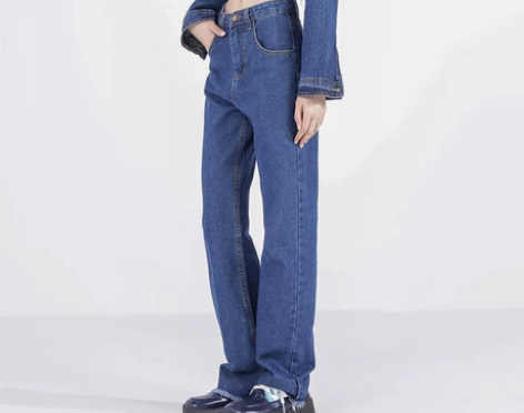 ?春秋修身三角口袋毛边直筒牛仔裤女辣妹高腰...