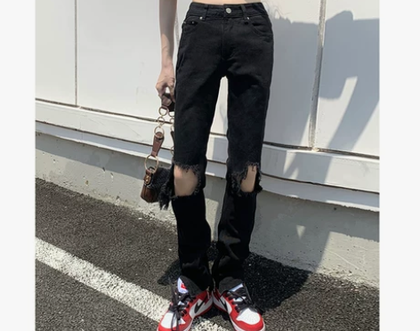 【盛夏潮搭价】温姗黑色破洞开叉牛仔裤女20...