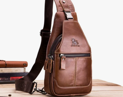 老狮子胸包男牛皮休闲男士斜挎包头层牛皮单肩...