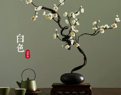 新中式仿真花高档腊梅花含花盆套装假花绢布客...