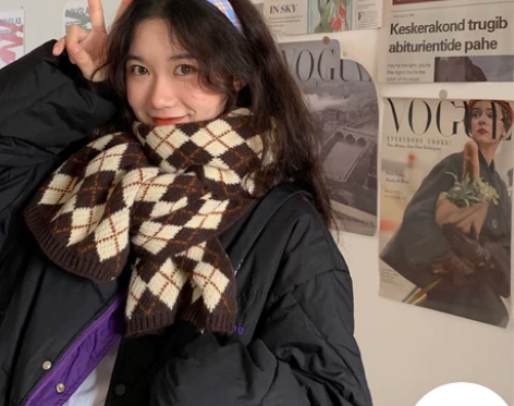 针织格子围巾女秋冬季韩版百搭学生可爱少女保...
