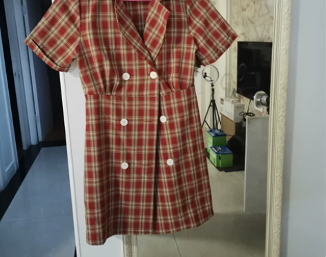 夏季新款西装领格子连衣裙夏法式裙双排扣A字...