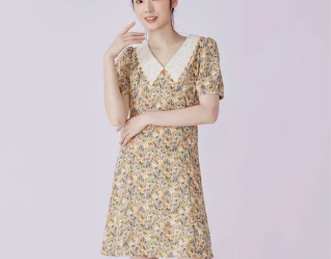 Roem罗燕夏季甜美显瘦短袖连衣裙碎花法式...