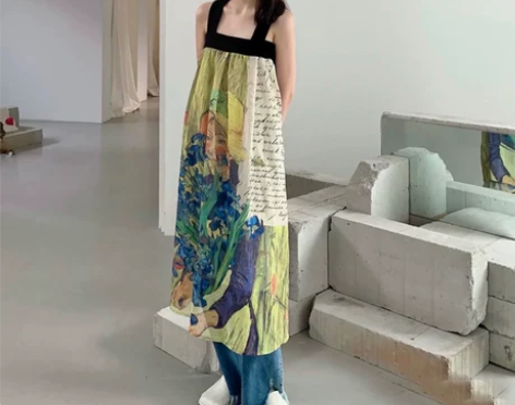 港风复古印花设计感小众背带裙女2022年春...