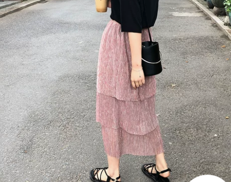 HEYGIRL 粉色层层蛋糕裙女 高腰中长...