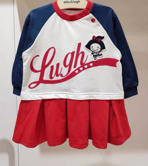 阿路原单现货，女童蓝红拼接连衣裙，时尚运动...