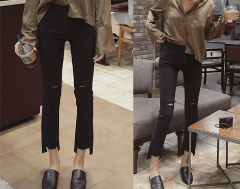 2017新款韩版破洞微喇叭牛仔裤女高腰显瘦...