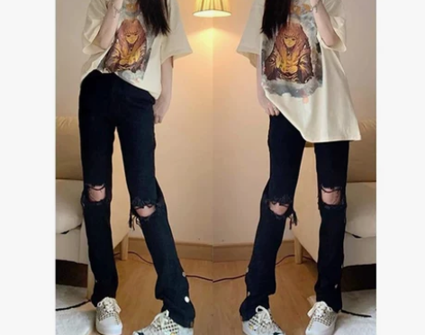破洞牛仔阔腿裤子女潮ins薄款高腰宽松直筒...