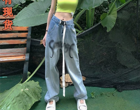 欧美式街头风hiphop嘻哈牛仔裤女夏季字...
