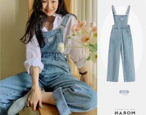 小个子XS码阔腿牛仔背带裤女春夏季高腰宽松...