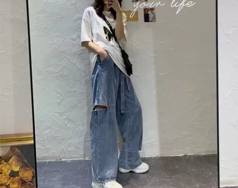 适合胯大腿粗大码破洞牛仔裤女2022年百搭...