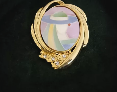 vintage古董首饰贝母拼接人像胸针领夹...