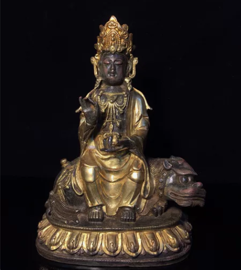 铜鎏金文殊菩萨佛像，工艺精美，包浆厚重，尺...