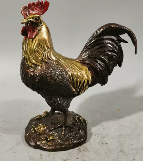 紫铜鎏金公鸡，彩绘元宝鸡摆件生肖金钱纯铜鸡...