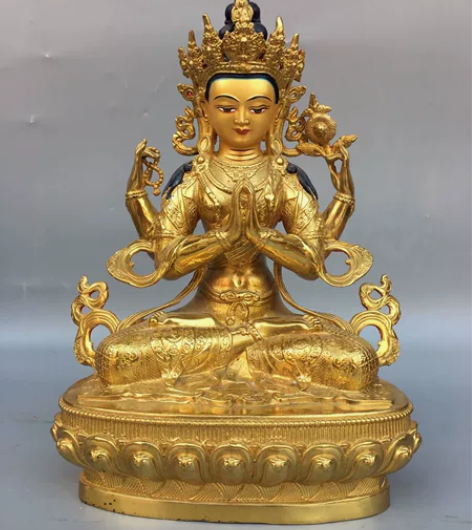 铜鎏金画脸四臂度母菩萨佛像,工艺精美,包浆...