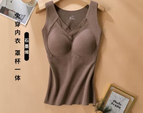 石墨烯保暖背心女发热V领秋冬季背心带胸垫女...