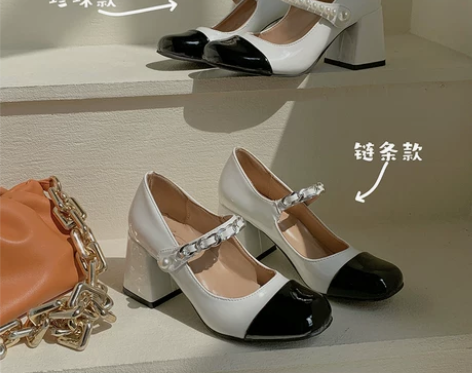 法式玛丽珍鞋女复古单鞋黑白鞋子气质高跟鞋珍...