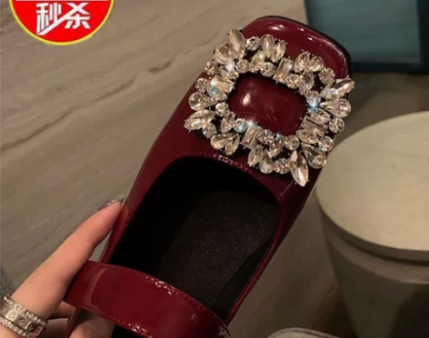 水钻方扣玛丽珍鞋2022新款鞋子法式漆皮低...